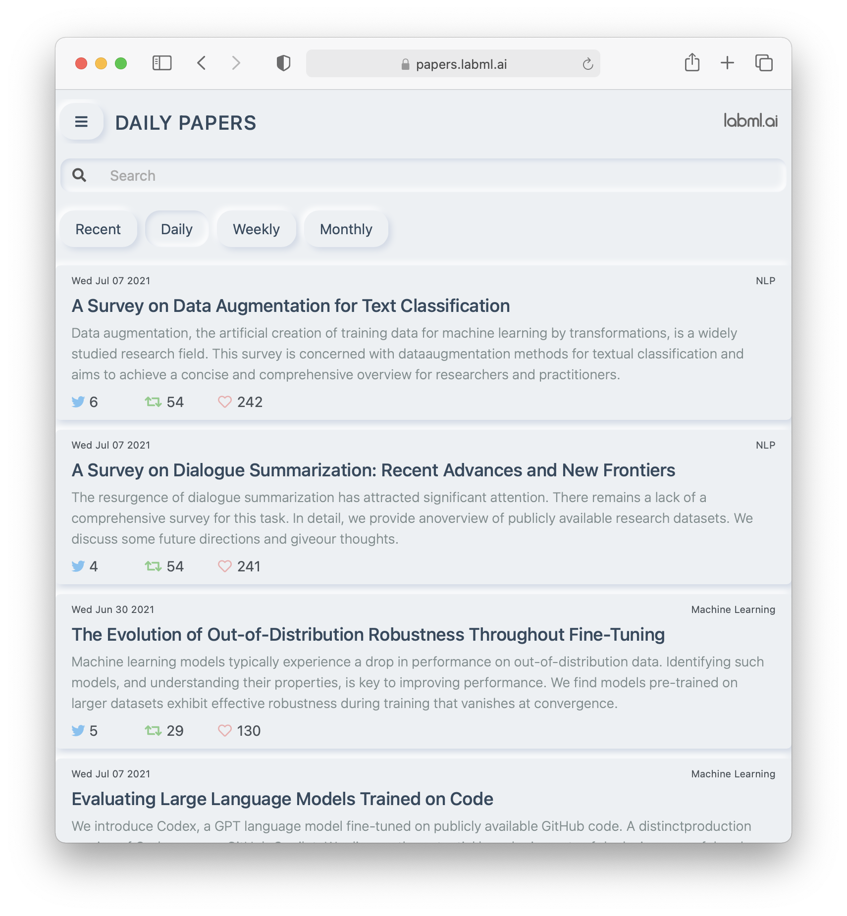 Machine learning papers app screenshot